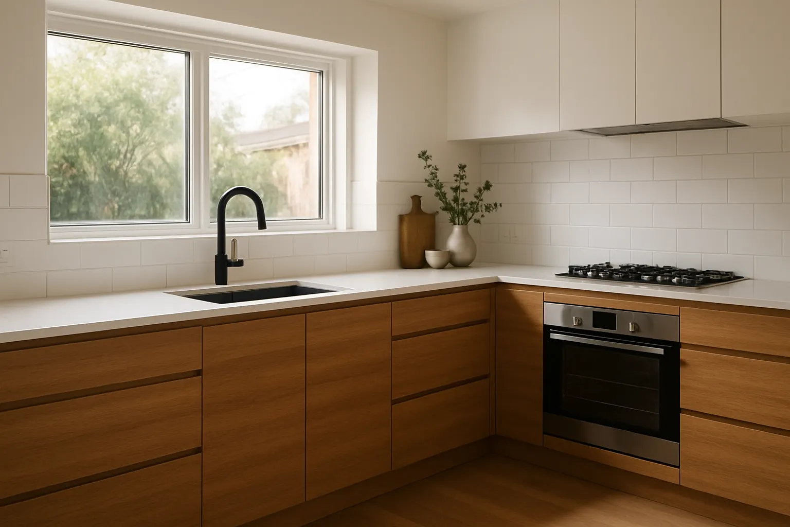 Handleless finger pull drawers in a modern Australian kitchen with timber-look fronts