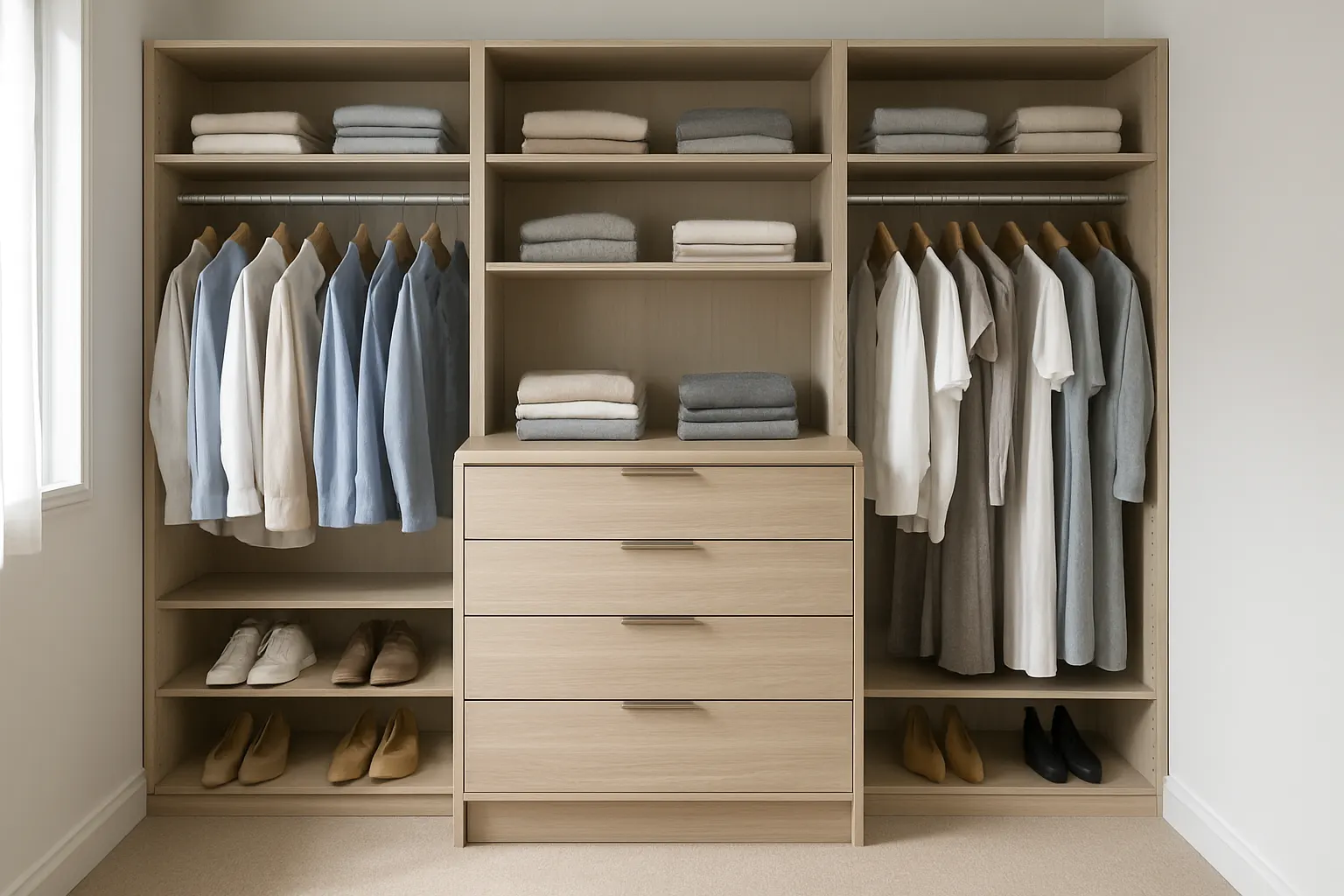 Walk-in wardrobe with drawer bank, open shelving and hanging space